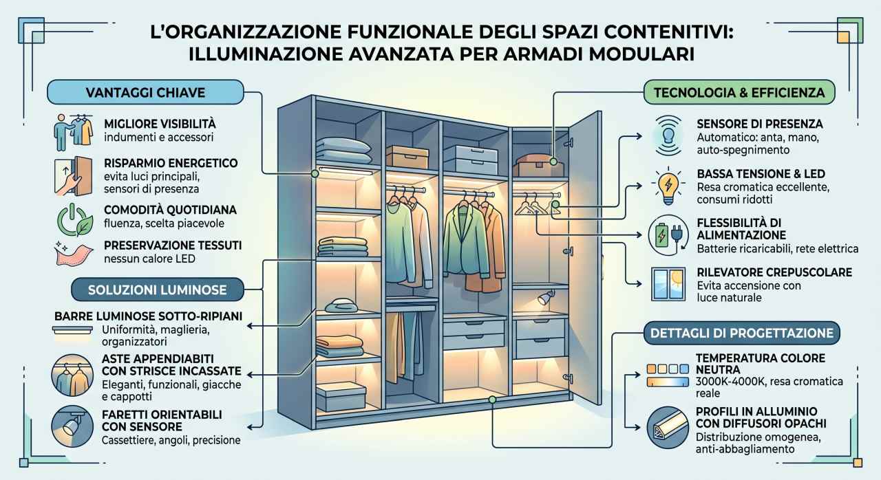 Infografica: illuminare i ripiani interni dell'armadio con i sensori di movimento a LED