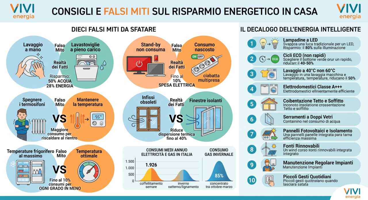 Immagine infografica: falsi miti sul risparmio energetico in casa: 10 errori da evitare
